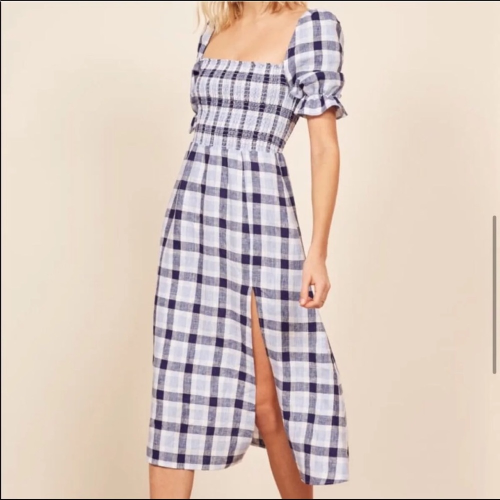 Reformation Marabella Cubana Linen Midi Length Plaid Dress Small